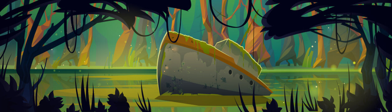Sunken ship in swamp in tropical forest. Vector cartoon illustration of wild jungle, rainforest landscape with green marsh, old dirty yacht in water, trees trunks, grass and lianas silhouettes