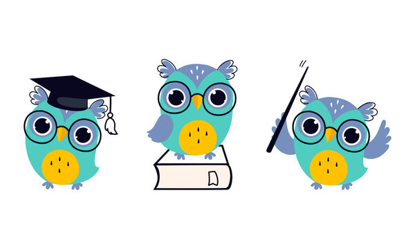 Cute Owl in Glasses Wearing Graduation Hat and Holding Pointer Vector Set