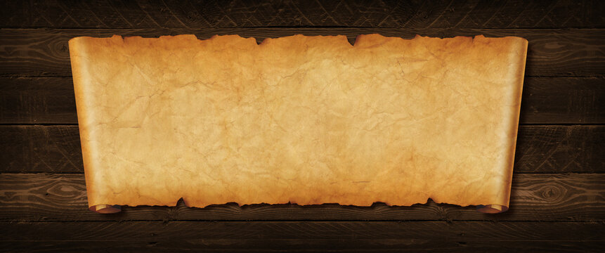 Old paper horizontal banner. Parchment scroll on a wood board
