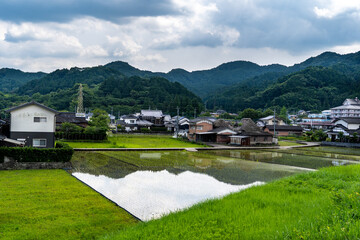 thatched roof house has broken beside paddy field rural area of Saga prefecture, JAPAN.