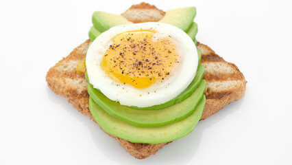 Avocado toast with fried egg isolated on white background. Healthy food concept