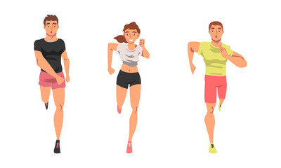 Cheerful People Character Running Marathon or Long-distance Foot Race Vector Set