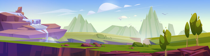 Mountain valley with waterfall, cracks in ground and trees. Vector cartoon panoramic illustration of summer landscape with green grass, rocks and water stream falling from cliff © klyaksun