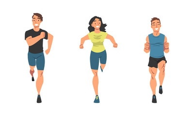 Cheerful People Character Running Marathon or Long-distance Foot Race Vector Set