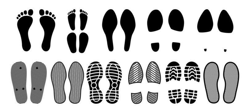 Shoe footprints, foot prints of sole, boot or steps, vector silhouette. Shoe footprints of sole and boots tracks, human feet imprints and marks of barefoot footsteps, sneakers and flip-flop sandals