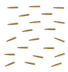 Many bullets falling on white background. Firearm ammunition