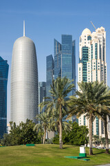 Fototapeta na wymiar Panoramic view with modern skyscrapers in the centre of Doha