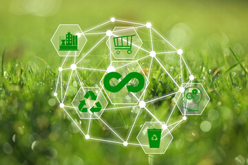 Circular economy concept. Green grass and illustration of infinity symbol and different icons