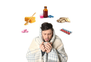 SIck man with cup of hot drink surrounded by different drugs and products for illness treatment on white background