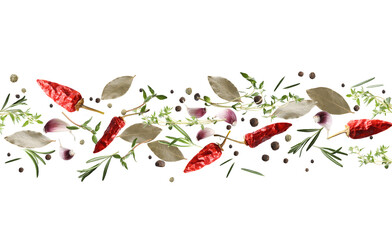 Fototapeta premium Many different spices flying on white background