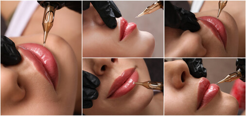 Collage with different photos of women undergoing permanent lip makeup. Banner design - obrazy, fototapety, plakaty