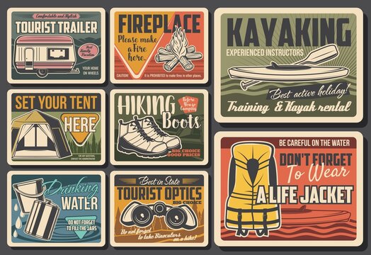 Outdoor recreation and tourism hobby retro banners. Caravan towed trailer, kayak and tourist tent, hiking boots, life jacket and binoculars vector. Water and fire danger warnings vintage posters