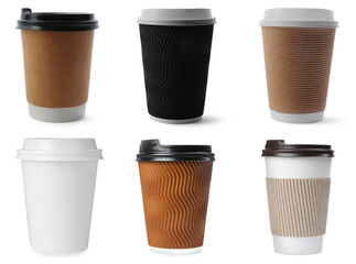 Set with paper coffee cups with lids on white background