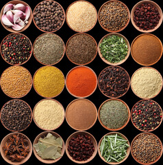 Collection of different aromatic spices and herbs on black background, flat lay