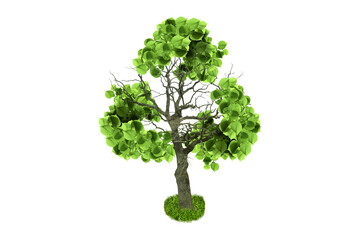 Tree with green leaves in shape of recycling symbol on white background
