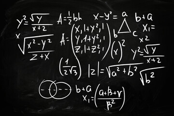 Fototapeta na wymiar Many different math formulas written on chalkboard