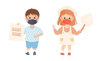 Happy Boy and Girl Wearing Face Mask as New Normal Lifestyle Vector Illustration Set