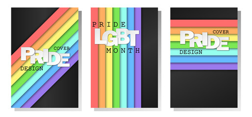 Pride month paper cut cover templates collection. LGBT rainbow flag on black background. Editable vector illustration.