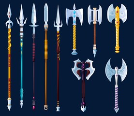 Magical cartoon steel axes, hatchets, spears and lances, vector fantasy weapon of medieval knight, viking or warrior. Magic game user interface game asset of bladed weapons with gemstones and ornament - obrazy, fototapety, plakaty