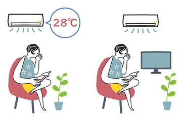 エアコンを28℃に設定した部屋で読書をしくつろぐ女性　セット　イラスト素材
