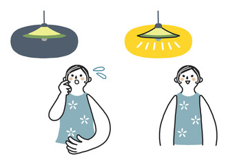 明るい照明で笑顔の女性と電気が切れて困っている女性　セット　イラスト素材
