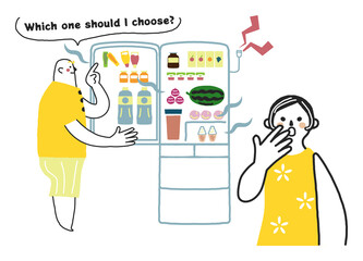 冷蔵庫を開けっ放しにしている男性とそれを見て驚いている女性　イラスト素材
