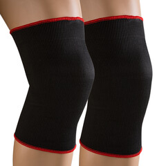 a pair of black sports compression knee pads, on the legs of a mannequin, on a white background