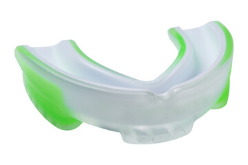 transparent silicone mouth guard with green inserts, single-jaw mouth guard, on a white background