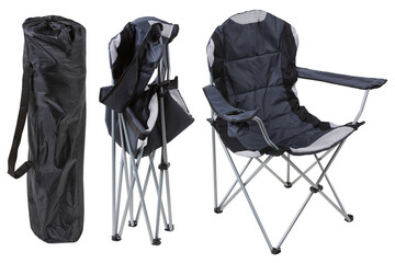 folding gray camping chair in three states, in a cover, half folded and in the unfolded position