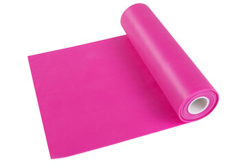 pink elastic band for fitness, in a roll, on a white background