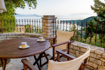 A terrace with a beautiful sea view on Ithaca Island, Greece.