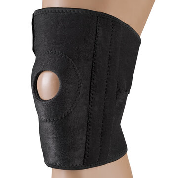 Sports Knee Pad On The Leg Of A Mannequin, With A Lock, To Support The Knee Joint, On A White Background