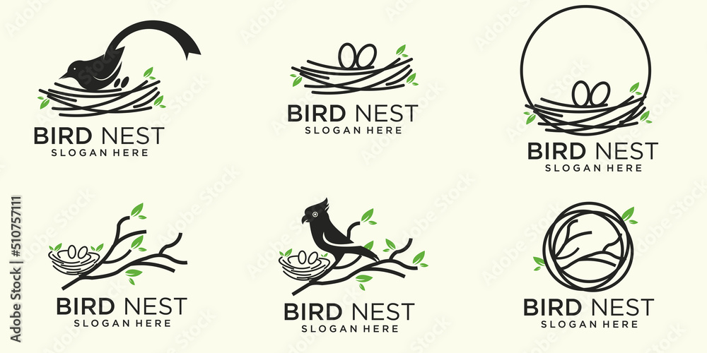 Wall mural set line illustration of natural bird's nest icon logo with beautiful roots and leaves symbols.