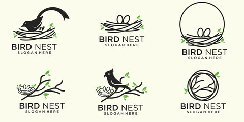 set line illustration of natural bird's nest icon logo with beautiful roots and leaves symbols. - obrazy, fototapety, plakaty