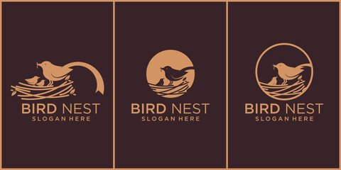 set line illustration of natural bird's nest icon logo with beautiful roots and leaves symbols.