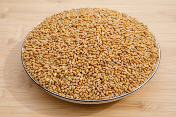 Wheat grains in a plate. top view.