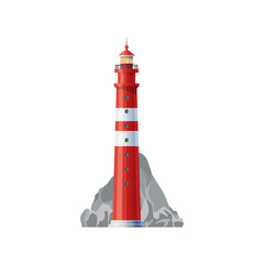 Sea lighthouse building with red and white stripes. Coastal lighthouse lantern building, nautical beacon vector icon. Navigation safety, maritime travel symbol. Lighthouse tower on sea coast