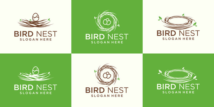 set line illustration of natural bird's nest icon logo with beautiful roots and leaves symbols.