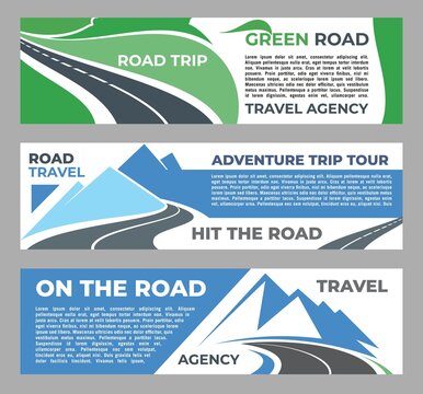 Road Trip Travel Banners Of City Journey With Highway Vector Background For Tourism Agency. Business Travel Summer Tours And Raod Tourism Banners With Flat Landscape Of Mountains And Pathway Road