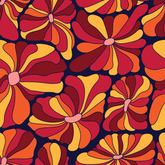 Abstract retro 70s background. Psychedelic colorful vector seamless pattern. Groovy 60s fashion print. Vintage hippie floral illustration. Old school colored wavy line art wallpaper