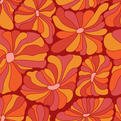 Abstract retro 70s background. Psychedelic colorful vector seamless pattern. Groovy 60s fashion print. Vintage hippie floral illustration. Old school colored wavy line art wallpaper