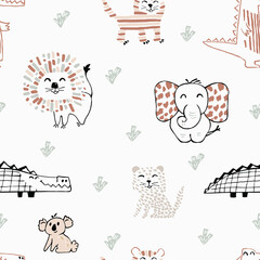 African animal baby cute summer seamless pattern. Sweet safari print.
