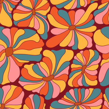 Abstract retro 70s background. Psychedelic colorful vector seamless pattern. Groovy 60s fashion print. Vintage hippie floral illustration. Old school colored wavy line art wallpaper