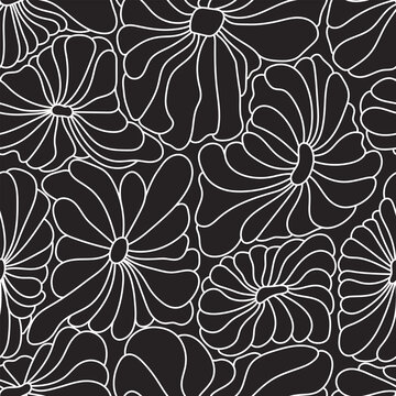 Abstract Retro 70s Background. Psychedelic Vector Seamless Pattern. Groovy 60s Fashion Print. Vintage Hippie Floral Illustration. Old School Wavy Line Art Wallpaper