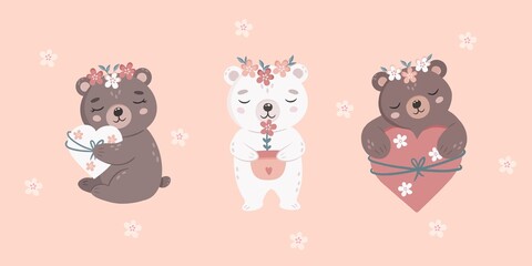 Cute bears with flowers collection. Lovely bears holding hearts. Vector postcard in flat style. Hand drawn vector illustration for print, shirt, greeting, invitation, card, textile.