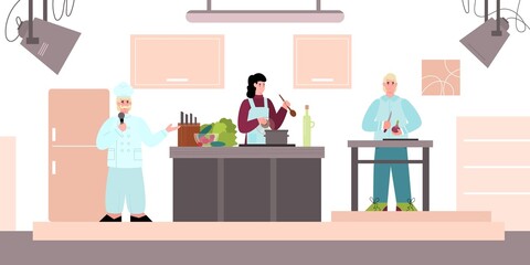 Characters cooking on TV show flat style, preparing food