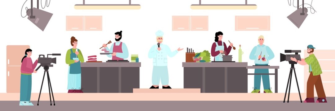 People characters cooking on TV show at studio flat style, filming - Powered by Adobe