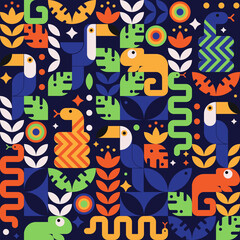 Cute colorful geometric plants and animals seamless pattern. Funny jungle flora and fauna print. Bright and Joyful vector print with snakes, chameleon, toucan bird, leaves and flowers from rainforest
