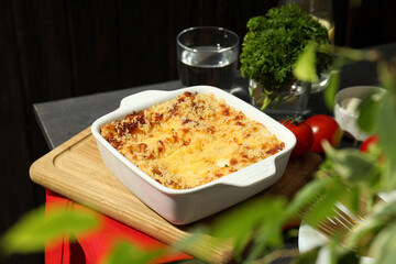 Concept of delicious food, lasagna, selective focus