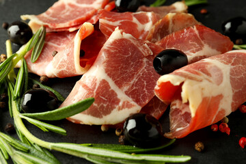 Concept of delicious food with jamon, close up